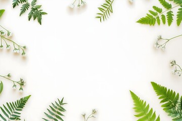 Minimalist floral background with a border of lush green fern fronds and delicate white flowers. Top view flat lay with empty central space for design, text, or product placement
