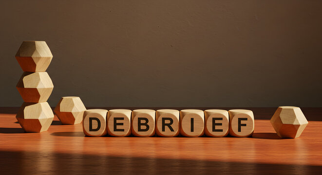 Debrief Written on Wooden Dice with Stacked Hexagonal Pieces on Brown Table Under Soft Lighting