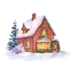 Watercolor red house with light in windows in winter background. Hand painted Christmas illustration with snow isolated on white background. Holiday card for design, fabric, print, or background.