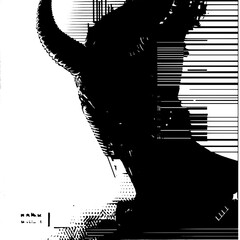 Eerie silhouette of a horned figure amidst stark contrasts in a shadowy environment