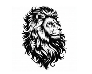 Obraz premium Intense lion head with focused gaze illustration, monochromatic, embodying strength against a white backdrop.