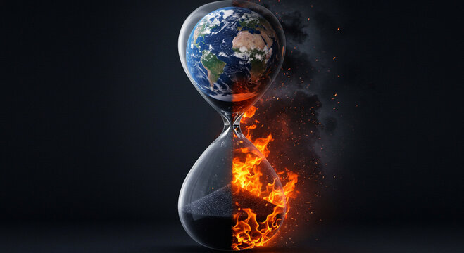 Planet Earth trapped inside an hourglass, sand running out, concept of climate urgency and countdown, dark background with subtle lighting on glass