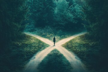 Forest path leading to crossroads under starless sky