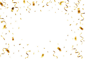 Falling gold shiny confetti and streamers with space in the middle isolated on transparent background