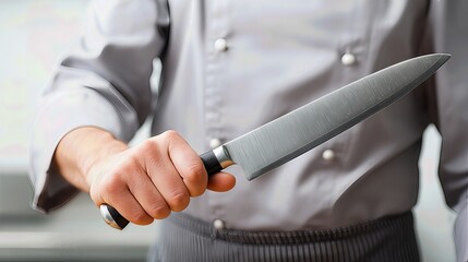 With focused intent, the chef grips a sharp kitchen knife, embodying mastery and readiness in the culinary craft.

