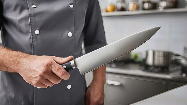 With focused intent, the chef grips a sharp kitchen knife, embodying mastery and readiness in the culinary craft.

