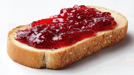 A thick slice of bread generously spread with vibrant jam offers a simple yet tasty treat, ideal for breakfast or a cozy snack.

