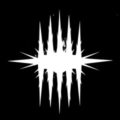 A striking abstract white design pops against a deep black background, evoking intensity and adventure