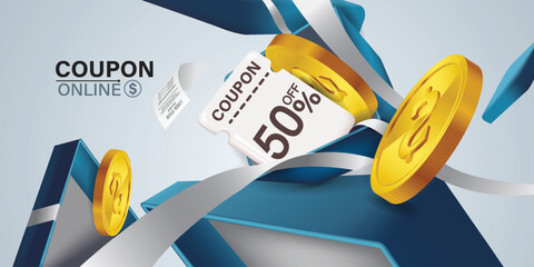 Coupons and Gift Vouchers Illustration.engaging illustration showcasing online coupons and gift vouchers, symbolizing discounts,special offers, and digital savings in e-commerce and digital marketing.
