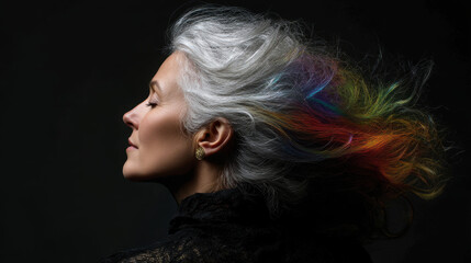 Fototapeta premium Elegant woman in profile with silver hair streaked with rainbow hues, showcasing dynamic flow against dark artistic backdrop