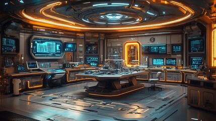 Futuristic Laboratory Interior with Glowing Lights and Detailed
