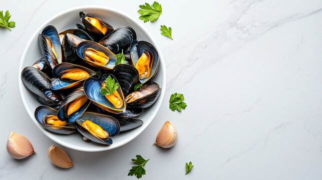 clean modern seafood setting: mussels in white bowl, garlic, herbs on marble countertop, right side blank for recipe copy