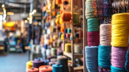 Colorful yarn rolls in artisanal craft store