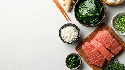 flat lay of sushi-grade tuna, seaweed, rice, ginger on upper right corner, rest of the image kept clean with white background for design use