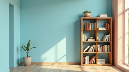Fototapeta premium Serene interior scene featuring a minimalist bookshelf filled with various books, complemented by potted plants, all set against a light blue wall and hardwood floor, bathed in soft sunlight.