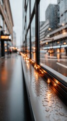 Close-up of water drops on window glass overlooking a rainy street during a gloomy afternoon capturing the mood of the rainy season