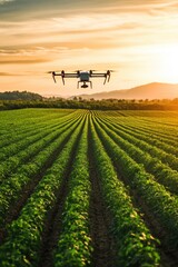 Sunset over farmland with drone