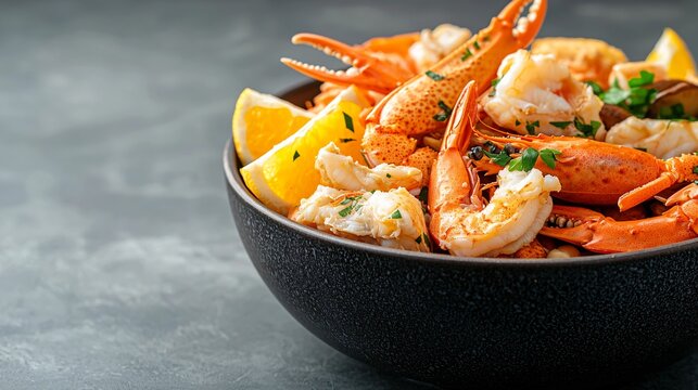 studio scene with seafood hot pot ingredients: prawns, crab legs, mushrooms on bottom half, top half blank for text overlay