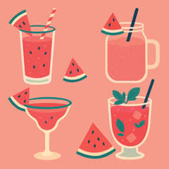 A set of refreshing summer watermelon cocktails in various glasses with watermelon slices, mint leaves, ice cubes, and straws. 