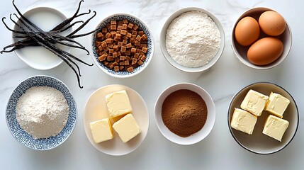cooking essentials: brown eggs, flour, butter cubes, vanilla pods, brown sugar, and milk on rustic bright tabletop, photographed from above with natural texture and bakery theme