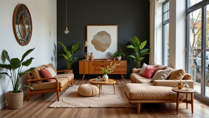Modern Living Room with Stylish Furniture and Natural Decor Elements in Warm Color Palette