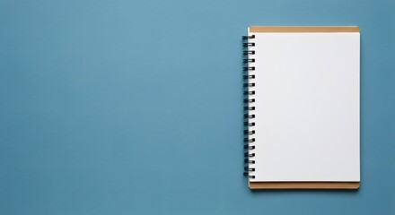 Description: AI image displays a blank spiral notebook positioned on the right against a textured blue background, leaving ample copy space.