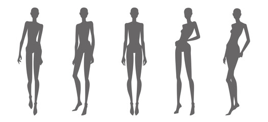 Female fashion silhouette figure templates. Full-length standing different poses front, side, back views woman body fashion design. Technical drawing shape. Vector sketch line printable illustration