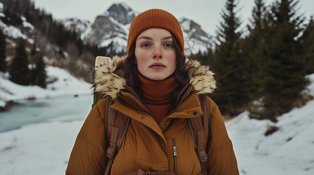Survivalist Woman in Snowy Mountains with Gear and Determined Look