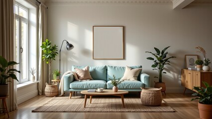 Fototapeta premium Cozy Modern Living Room with Light Blue Sofa, Plants, and Minimalist Decor
