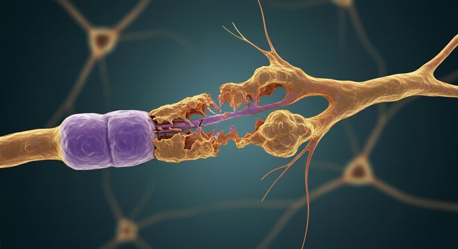 神経細胞損傷、鮮やかな色彩と精密な描写で表現された医療イラスト