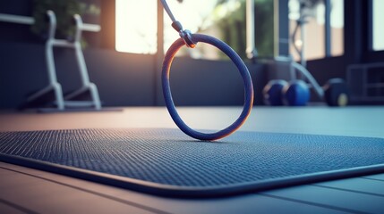 A jump rope mid-spin frozen in motion over a modern fitness mat perfectly sharp textures