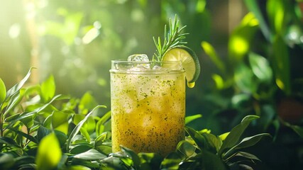 Refreshing herbal drink served in a glass surrounded by lush greenery in a vibrant setting