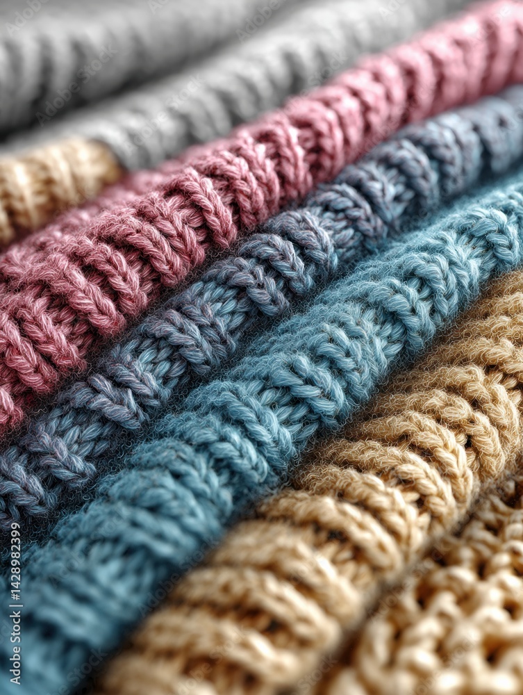 Aufkleber close-up view of cozy knitted wool texture in pastel colors showcasing intricate craftsmanship and w