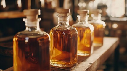 Whiskey bottles on bar counter with warm light