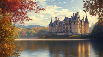 Obraz premium Castle with lake view on autumn day. Majestic architecture use as travel imagery