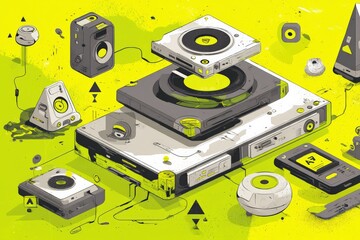 Vibrant Geometric Illustration of Retro Technology and Audio Gear