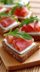 This dish showcases creamy cheese topped with fresh radish slices and arugula on crunchy toast, ideal for a nutritious meal