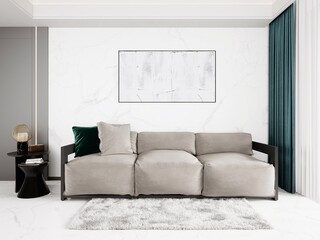 Mock up of a modern living room with a large comfortable sofa and stylish decorative background, 3D rendering.