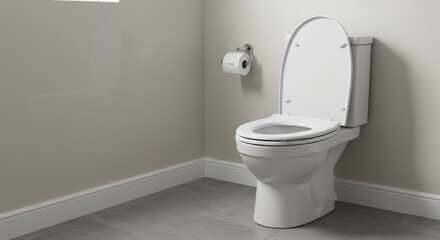 清潔な白いトイレ、柔らかな光で輝く陶器、静かな空間