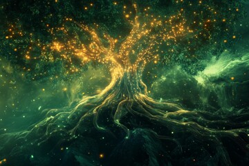 Surreal glowing tree with neural roots and radiant branches symbolizing memory, family ties, thought, and universal consciousness in a futuristic organic form.