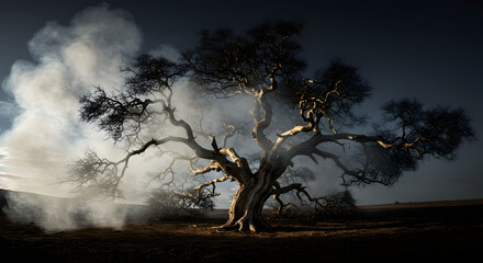Ancient Tree Stands Against a Mysterious Fog in a Dark Landscape