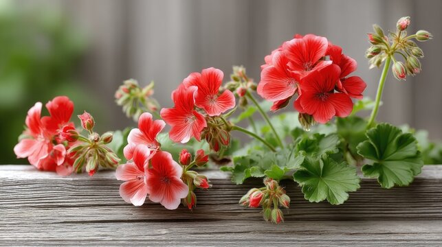 Bright red geraniums bloom against a rustic wooden fence with lush green leaves, embodying the charm of an Eastern European village - Powered by Adobe
