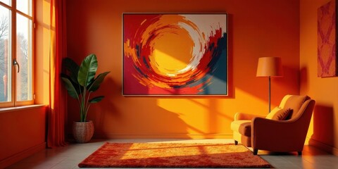 Warm Sunlit Living Room with Abstract Artwork and Comfortable Seating