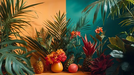 Fototapeta premium Colorful tropical fruits and leaves on dual-tone wall