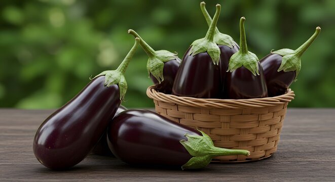 ai image displays fresh, ripe purple eggplants overflowing from a woven basket onto a rustic wooden table, with blurred green background.