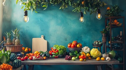 Fresh fruits and vegetables in cozy kitchen market setup