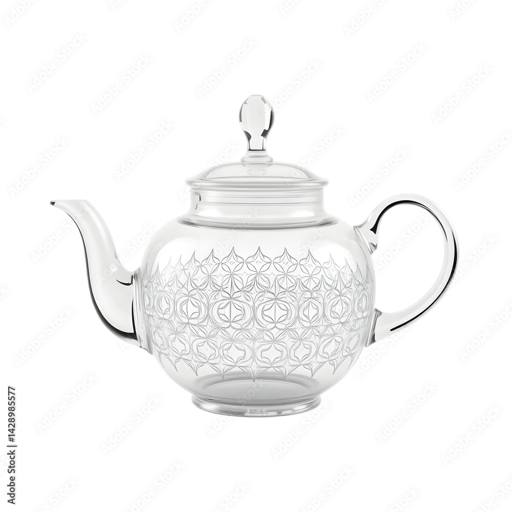 Poster classic glass teapot, a 3d rendered object, intricate pattern. fully visible view. isolated teapot o