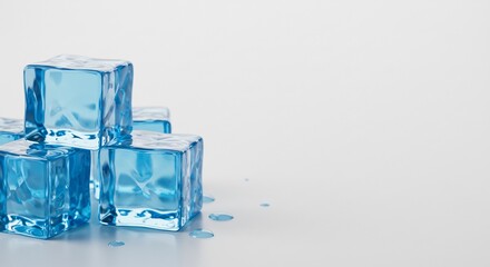 透き通る氷の塊、涼しげな青色、光る水滴