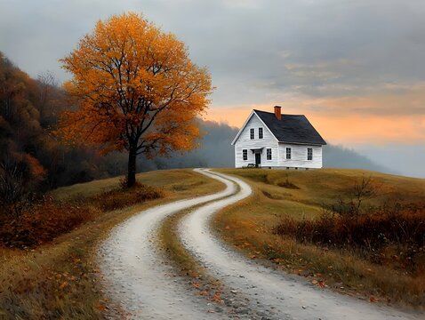 A cozy farmhouse nestled amidst vibrant autumn foliage and rolling hills with a winding dirt path leading towards a peaceful golden hued countryside landscape