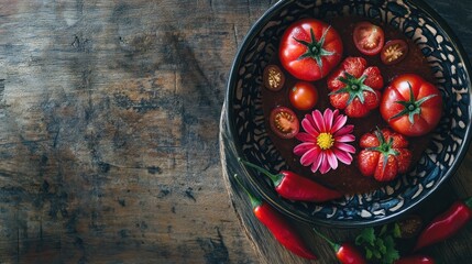 Fototapeta premium Fresh tomatoes in a bowl, with chili peppers and herbs